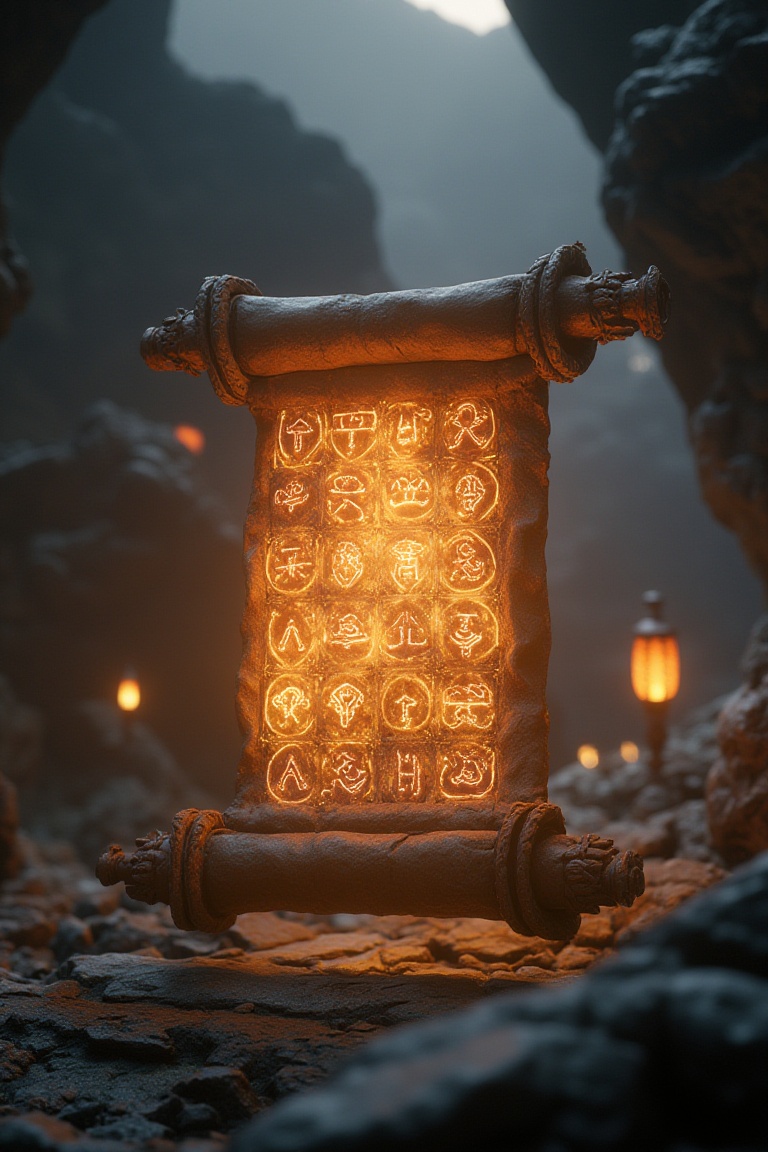 An ancient scroll unfolding mid-air,  glowing symbols illuminating,  game engine on Tensor.Art