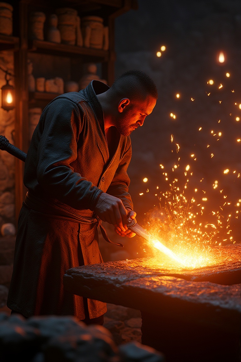 A blacksmith at work forging a glowing sword,  sparks flying in a dimly lit workshop,  game engine on Tensor.Art