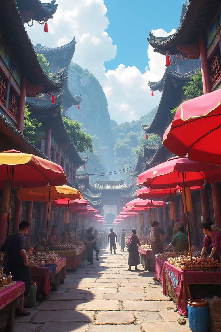 A vibrant marketplace with vendors selling mystical artifacts under colorful canopies,  game engine,  cgi on Tensor.Art