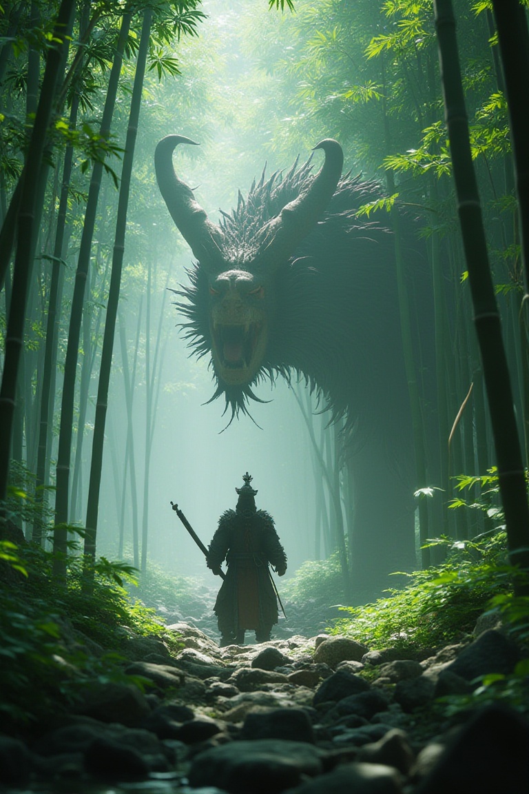 A warrior in a bamboo forest battling mythical beasts,  game engine,  cgi on Tensor.Art