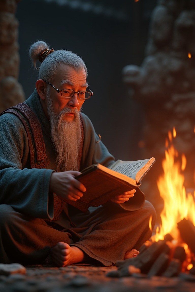 An elder telling stories by a crackling fire in a cozy village,  game engine,  cgi on Tensor.Art
