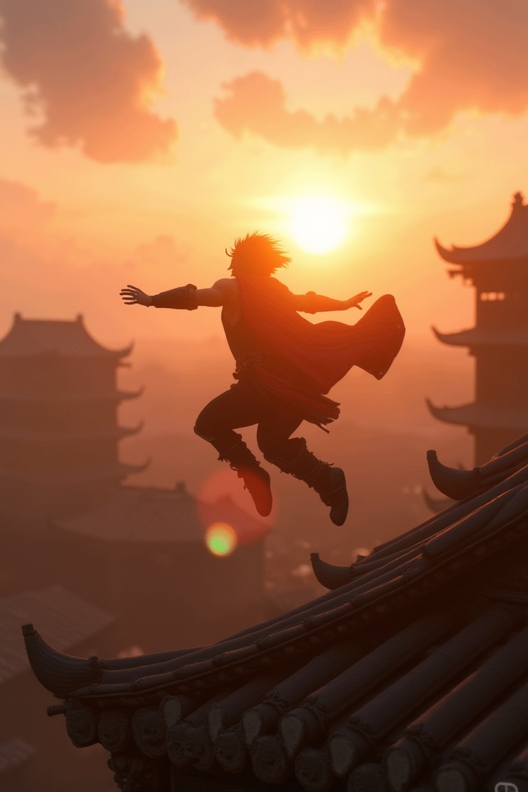 A hero leaping across rooftops at dawn,  shadows stretching with the morning sun,  game engine on Tensor.Art