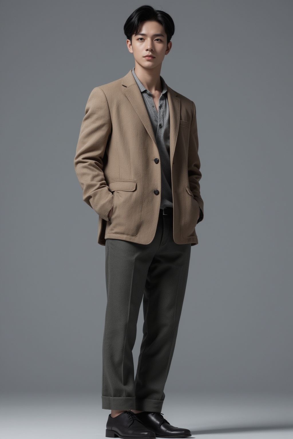 Full-body shot of a handsome Japanese male model,  standing in a stylish pose,  sharp jawline on Tensor.Art