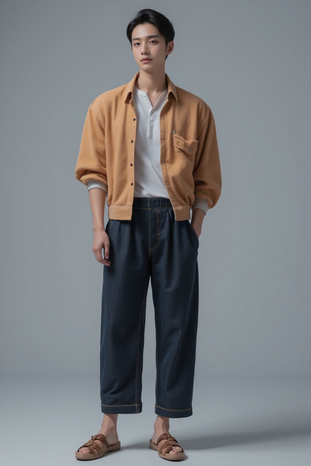 Full-body shot of a handsome Japanese male model,  standing in a stylish pose,  sharp jawline on Tensor.Art