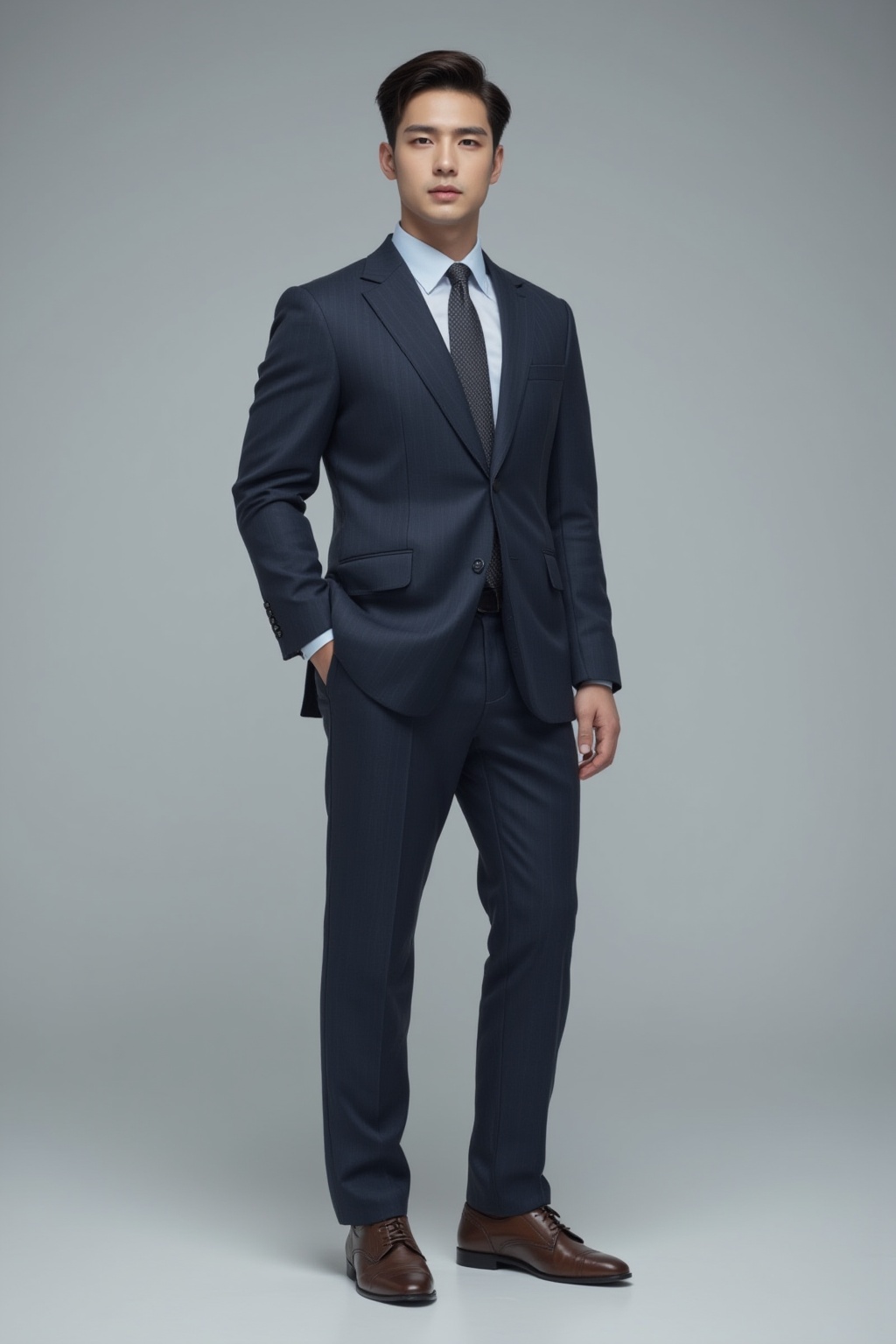 Full-body shot of a handsome Japanese male model,  standing in a stylish pose,  sharp jawline on Tensor.Art