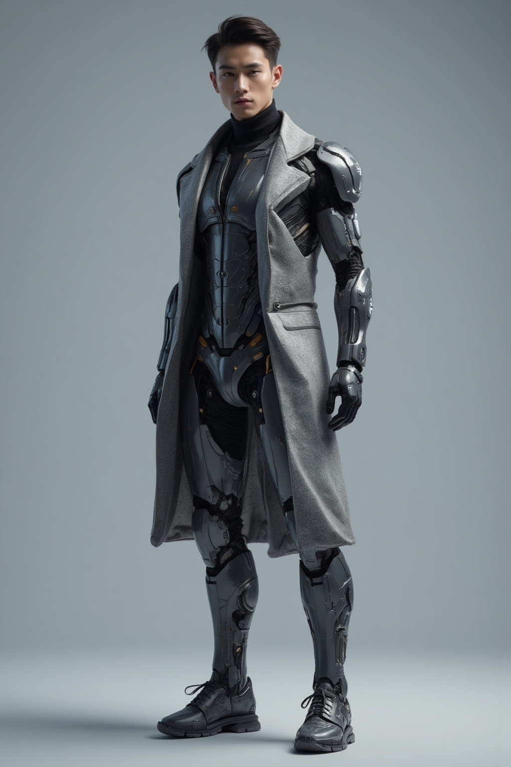Full-body shot of a handsome Japanese male model,  standing in a stylish pose,  sharp jawline on Tensor.Art