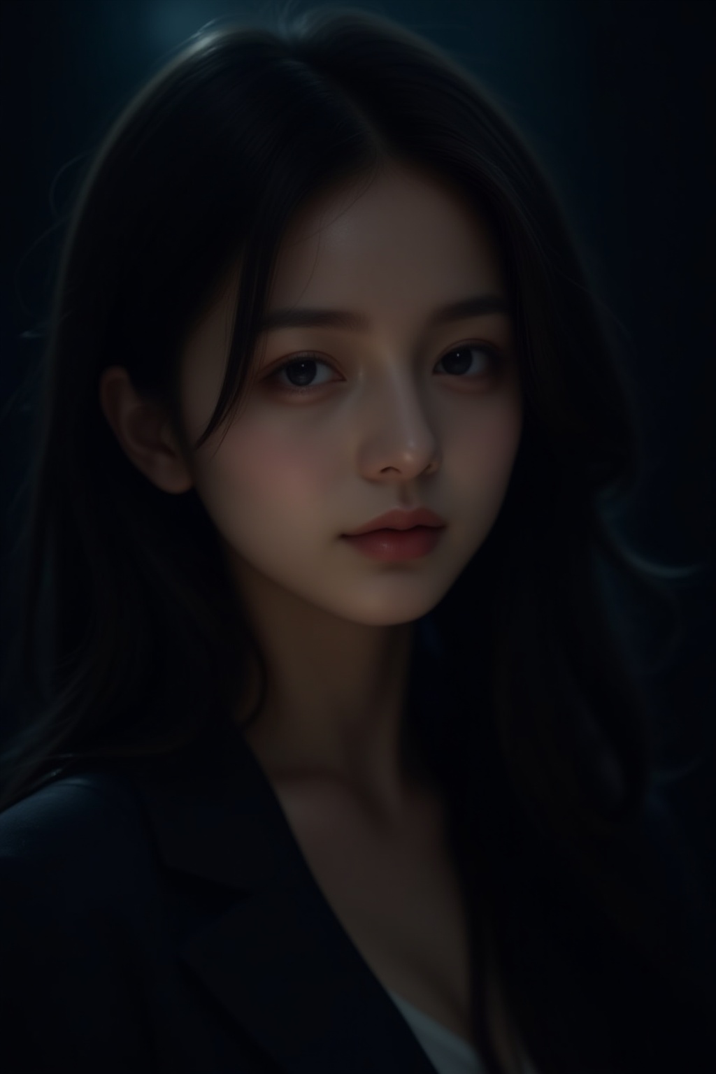 A stunning portrait of a girl with high detailed skin and luscious black hair,  set against a dark background in a dimly l...