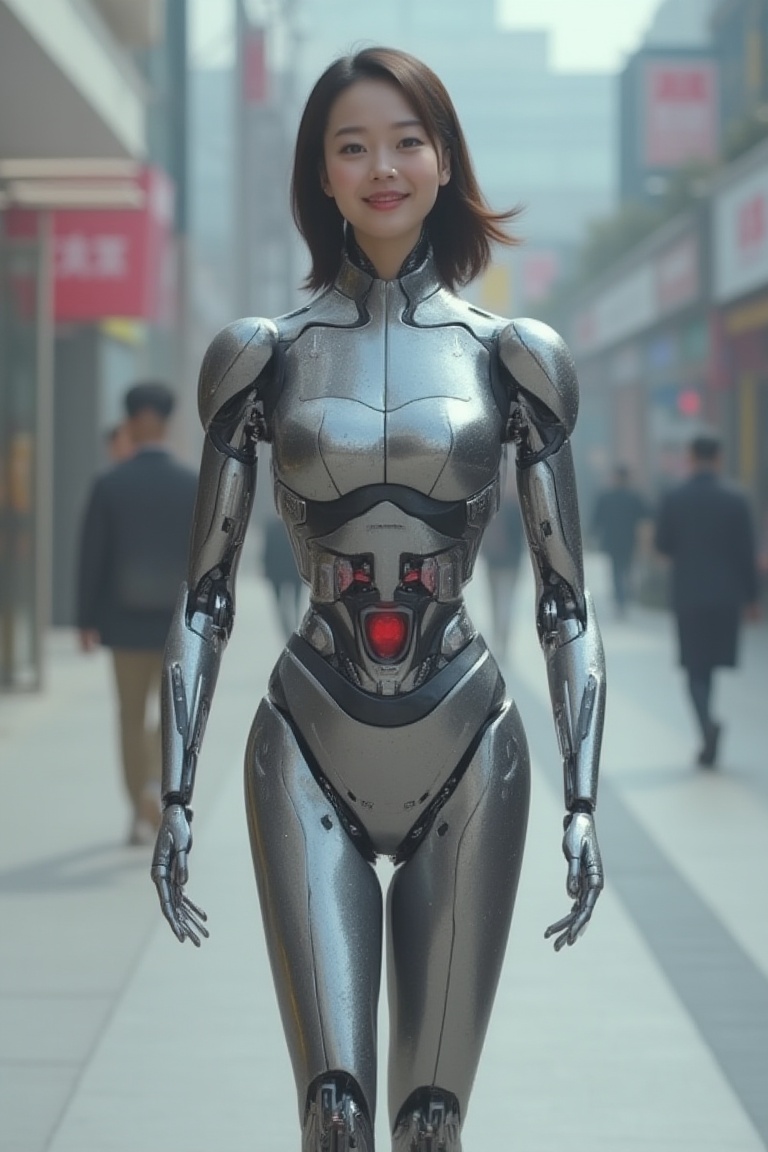 Beautiful and cute korean robot girls are walking on the street with happy faces,  gynoid on Tensor.Art