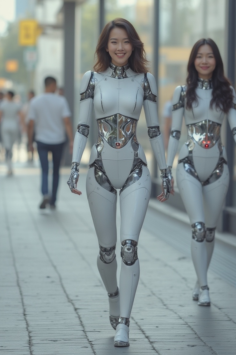 Beautiful and cute korean robot girls are walking on the street with happy faces,  gynoid on Tensor.Art