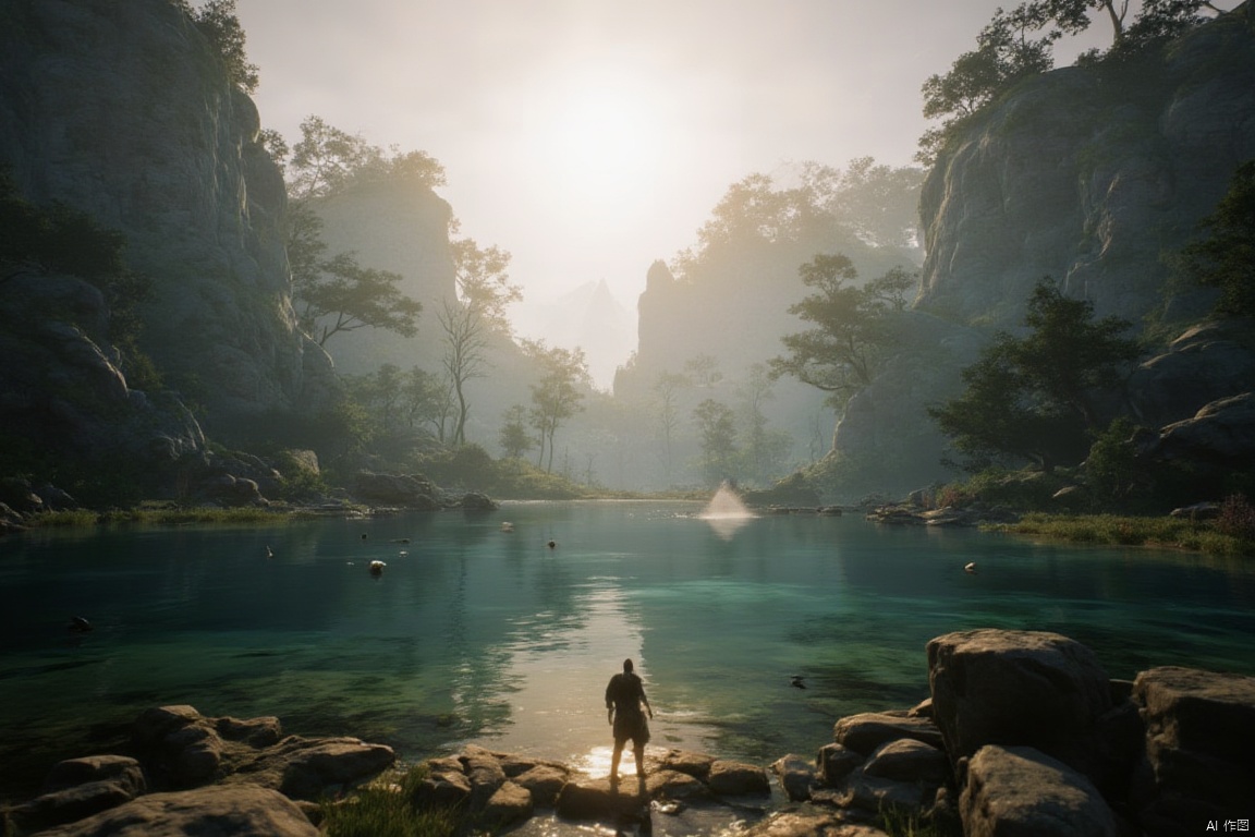 Design a stunning 3A-quality video game environment showcasing breathtaking, serene landscapes. The scene features towering, lush mountains, a crystal-clear lake reflecting the sky, and a dense forest. The lighting is soft and golden, with morning sunlight filtering through the trees, casting gentle shadows. The composition is panoramic, capturing the vastness and beauty of the natural setting. The player character, a lone traveler, stands by the lake, admiring the 绝美山水view, with wildlife subtly moving in the background.