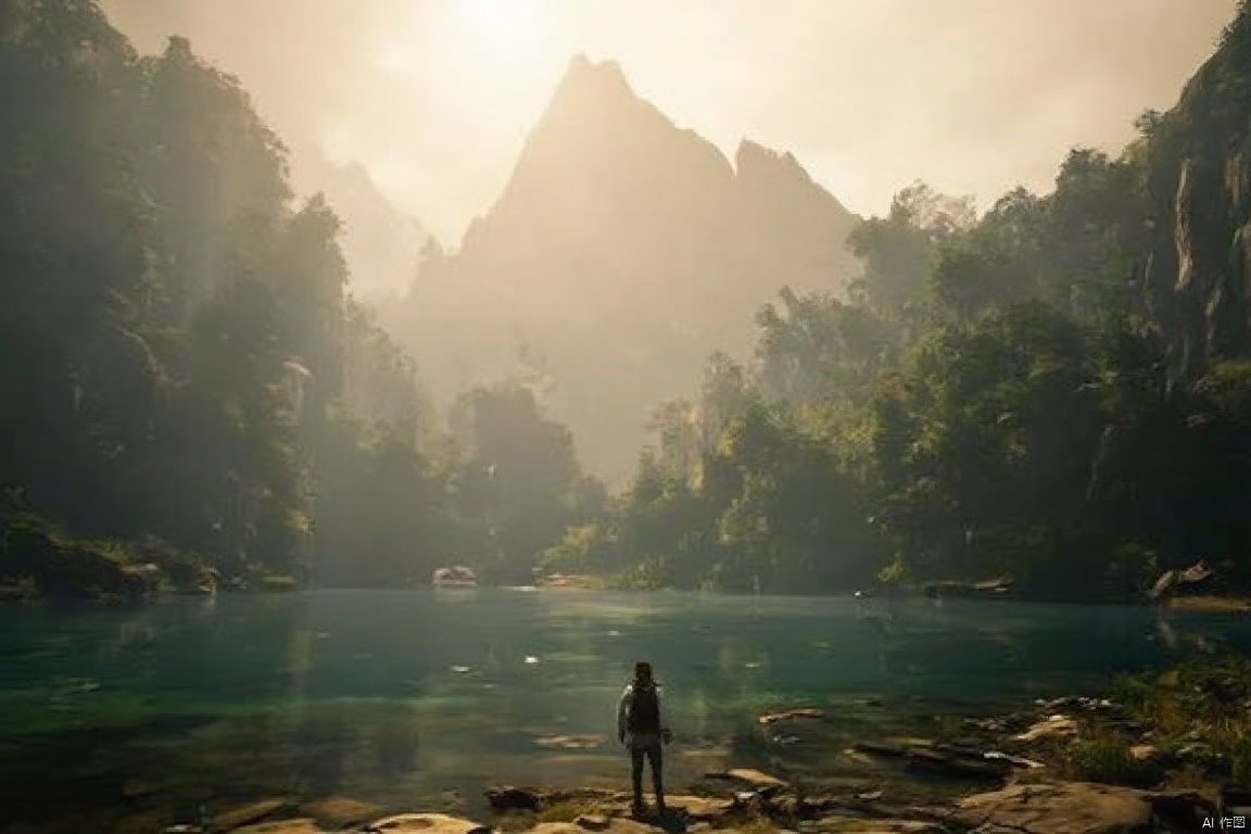Design a stunning 3A-quality video game environment showcasing breathtaking, serene landscapes. The scene features towering, lush mountains, a crystal-clear lake reflecting the sky, and a dense forest. The lighting is soft and golden, with morning sunlight filtering through the trees, casting gentle shadows. The composition is panoramic, capturing the vastness and beauty of the natural setting. The player character, a lone traveler, stands by the lake, admiring the 绝美山水view, with wildlife subtly moving in the background.
