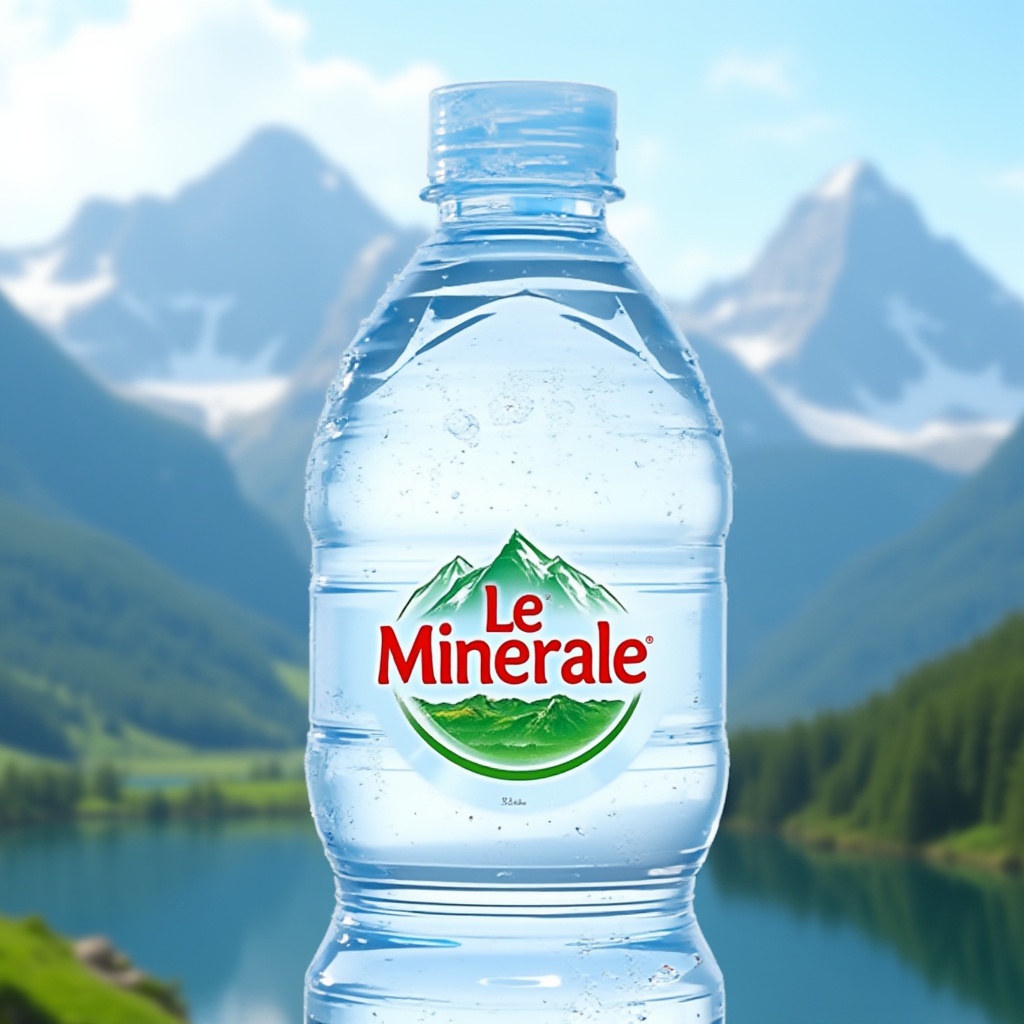 A close-up view of a clear water bottle with a round label that reads "Le Minerale" in red letters. The label also has a g...