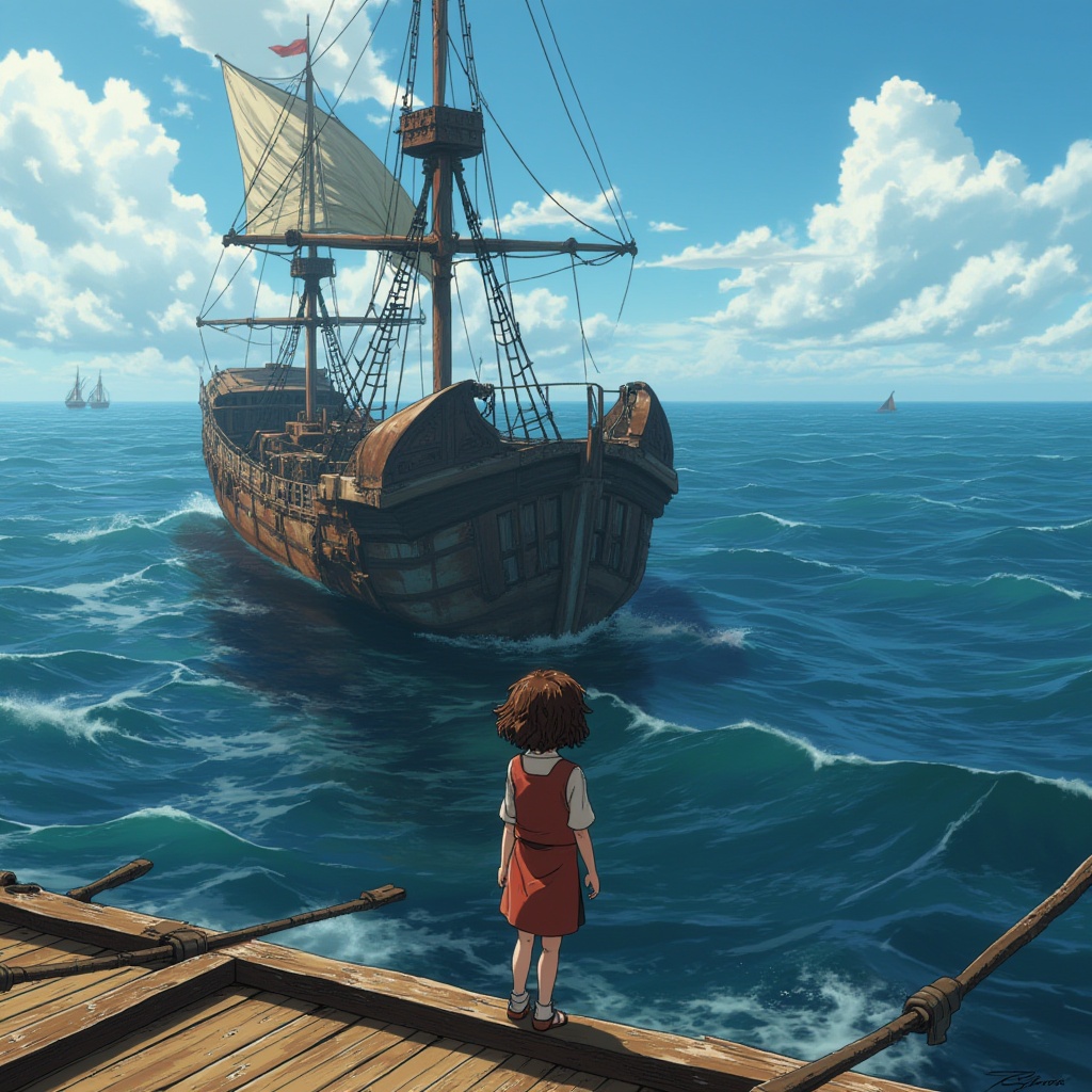 titanara, A young girl stands at the edge of a worn wooden deck, her curly brown hair blowing gently in the ocean breeze as she gazes out at the endless blue horizon. The rusty hulk of an old sailing ship looms behind her, its sails torn and tangled in a forgotten port.