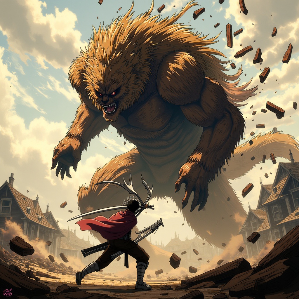 titanara, digital drawing in the anime style, A dramatic showdown between Levi and the Beast Titan on the outskirts of a destroyed village. Levi is mid-attack, spinning rapidly with his blades aimed at the Beast Titan’s nape. The Beast Titan, towering and covered in fur, has just hurled a barrage of debris with incredible force, but Levi’s agility allows him to dodge and close in for the kill. The background shows the aftermath of battle, with shattered buildings and scattered corpses. The lighting is harsh, with the sun low on the horizon, casting long shadows and highlighting the tension of the scene.
