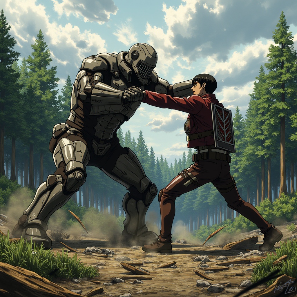 titanara, digital drawing in the anime style, A brutal clash between the Armored Titan and the Attack Titan in a forest clearing. The two Titans are locked in a fierce struggle, with the Armored Titan delivering a powerful punch to the Attack Titan, who retaliates with a crushing bite to the arm. The forest around them is being destroyed by their massive movements, with trees snapping and the ground cracking under their weight. The sky is overcast, with dark clouds gathering, adding to the ominous atmosphere. The art style emphasizes the raw power and intensity of the Titans, with detailed textures on their skin and armor.
