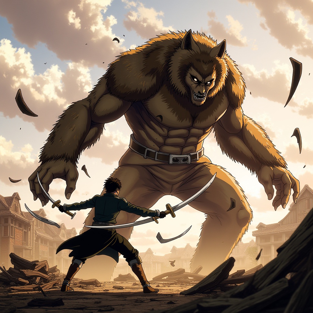  titanara, digital drawing in the anime style, A dramatic showdown between Levi and the Beast Titan on the outskirts of a destroyed village. Levi is mid-attack, spinning rapidly with his blades aimed at the Beast Titan’s nape. The Beast Titan, towering and covered in fur, has just hurled a barrage of debris with incredible force, but Levi’s agility allows him to dodge and close in for the kill. The background shows the aftermath of battle, with shattered buildings and scattered corpses. The lighting is harsh, with the sun low on the horizon, casting long shadows and highlighting the tension of the scene.