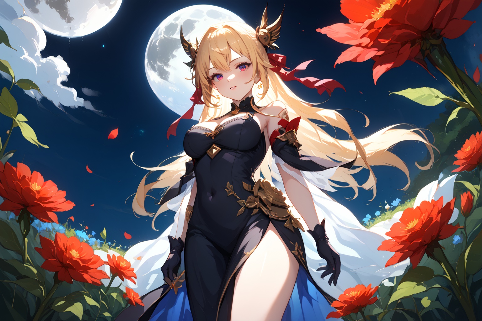Captured from a low-angle perspective,  a woman with long blonde hair,  wearing a black dress and black gloves on Tensor.Art