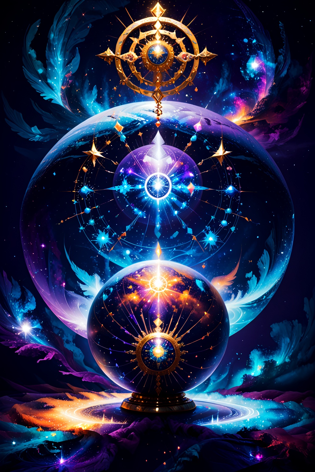 A majestic close-up shot of a kaleidoscope sphere,  radiating warmth and energy from its colorful,  swirling patterns. A h...