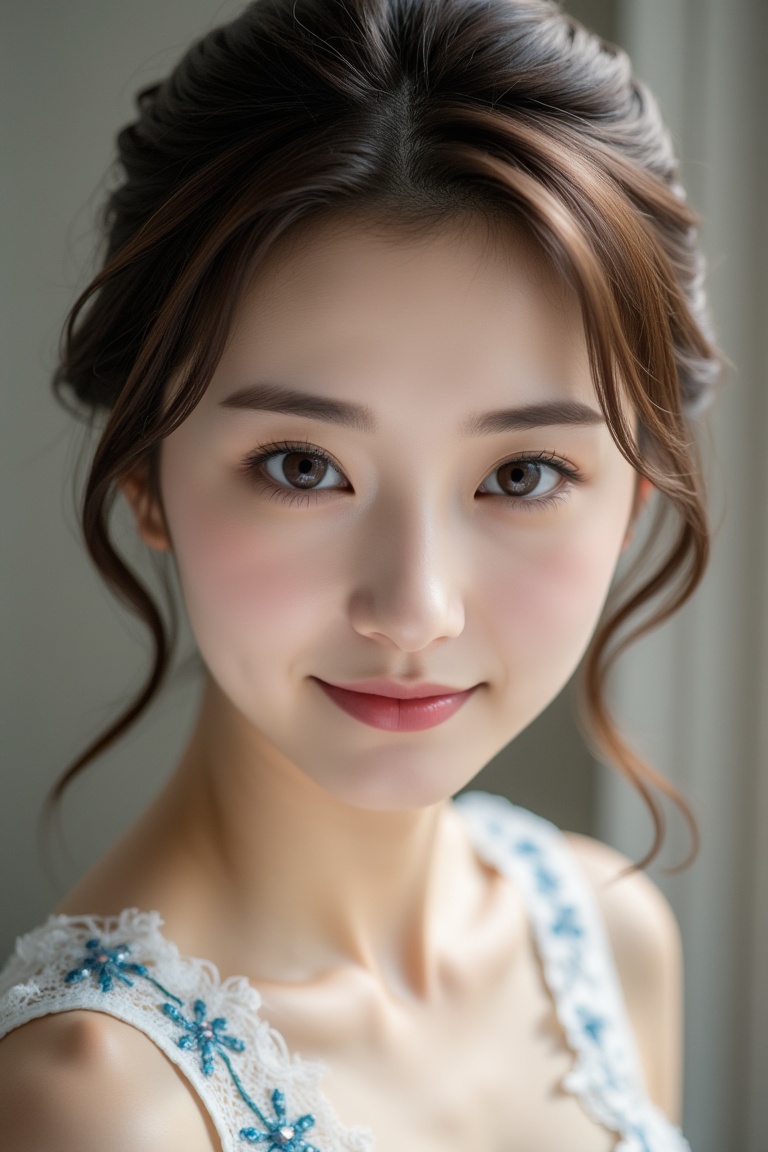 A captivating upper-body portrait of a 22-year-old Korean woman with medium-short brown hair,  double eyelids,  and glossy...