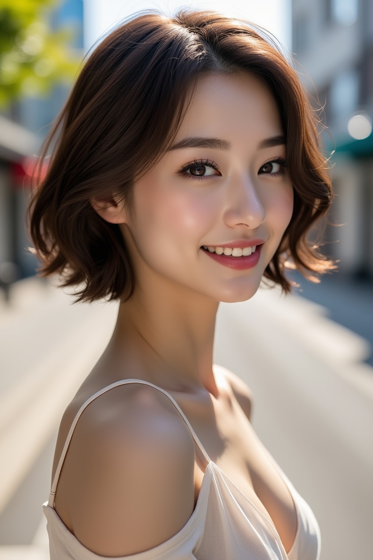 Shot of a 24-year-old Japanese beauty posing effortlessly in a stylized street snap setup,  bathed in bright outdoor light...