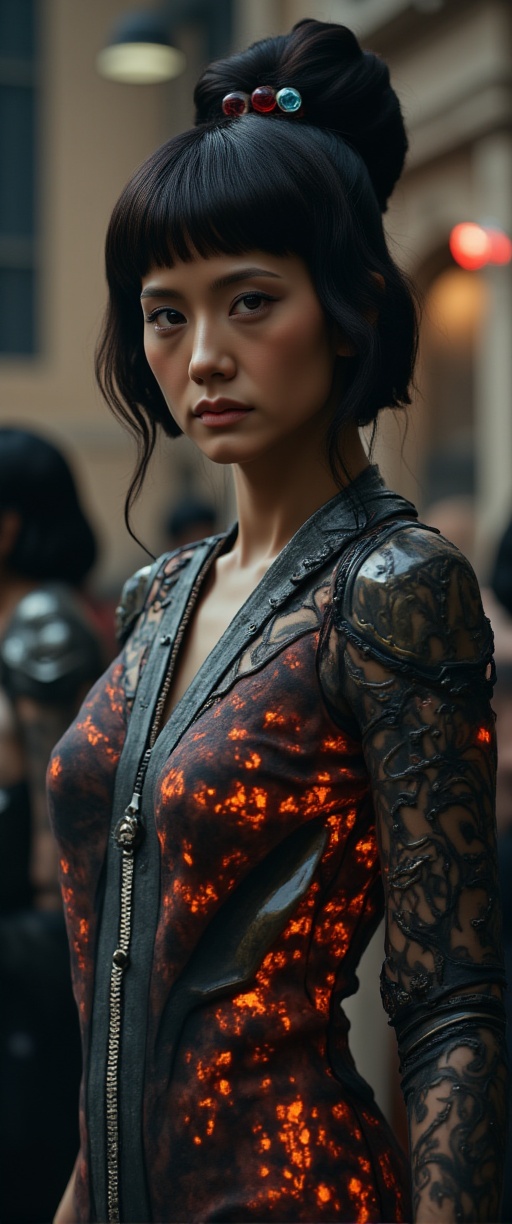 A dramatic shot of afemale figure with short hair and blunt bangs framing her striking features. She stands solo,  gazing...