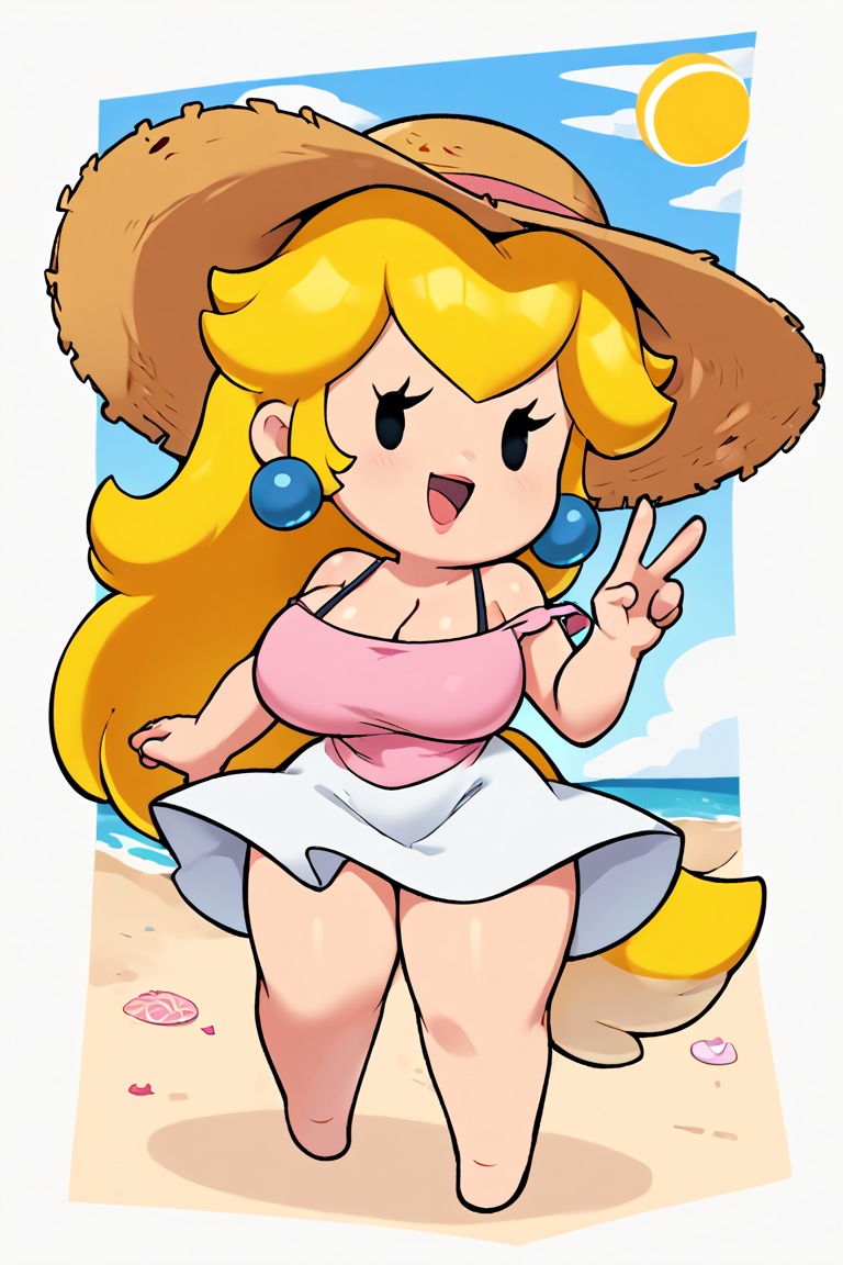 Princess Peach stands tall on a sun-kissed beach,  wearing a flowing white sundress with spaghetti straps and a wide-brimm...