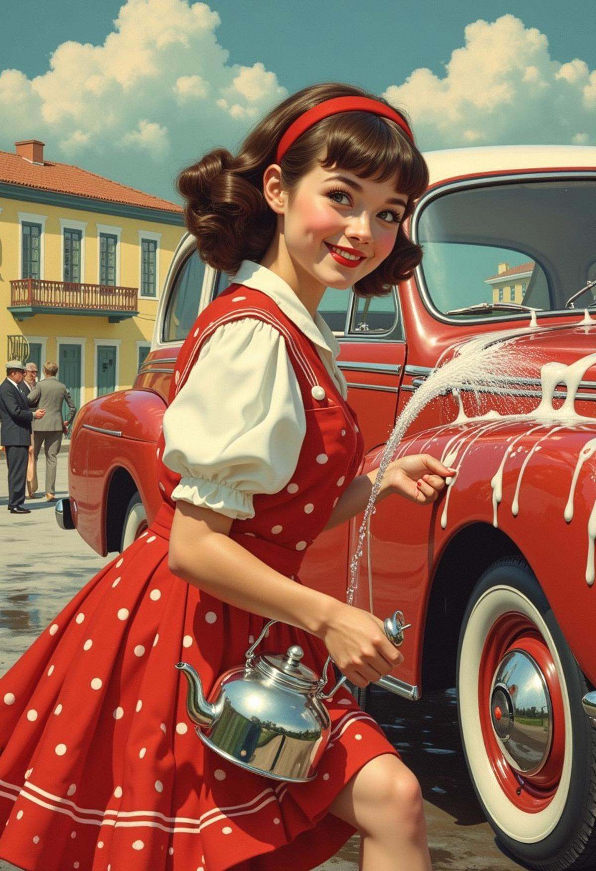 Cute girl smiling, holding a kettle and sprinkling water to wash the car, vintage car,style of Art Frahm