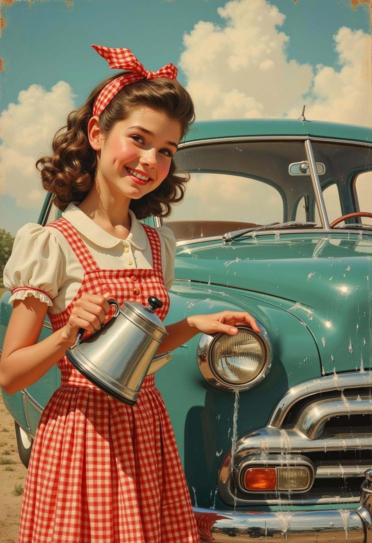 Cute girl smiling, holding a kettle and sprinkling water to wash the car, vintage car,style of Art Frahm