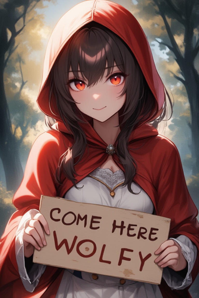 ATRFX style,  of a girl wearing red riding hood costume,  holding a sign that says "Come Here Wolfy" on Tensor.Art