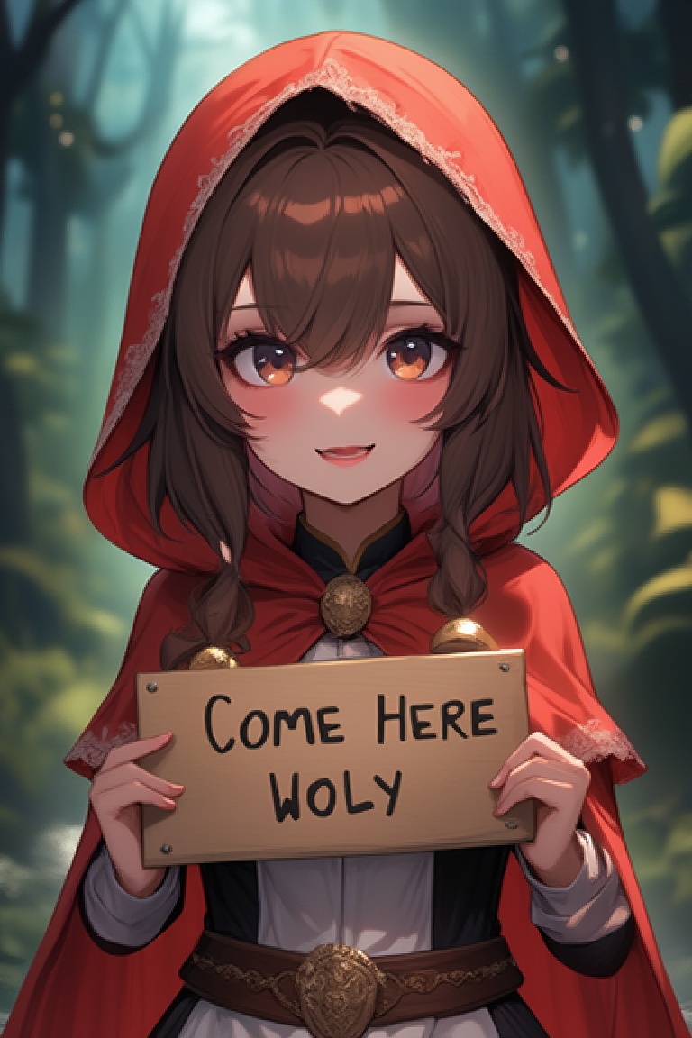 ATRFX style,  of a girl wearing red riding hood costume,  holding a sign that says "Come Here Wolfy" on Tensor.Art
