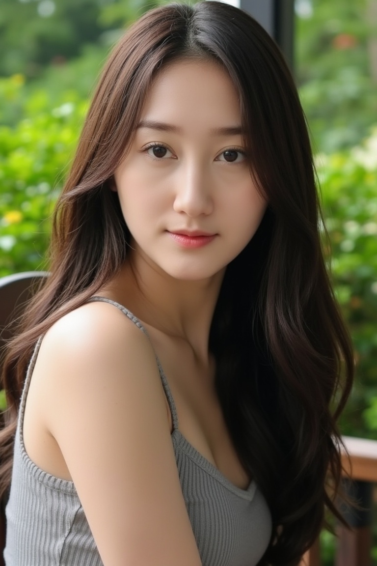 A serene Korean woman sits majestically against a backdrop of lush greenery,  her porcelain complexion glowing softly in t...