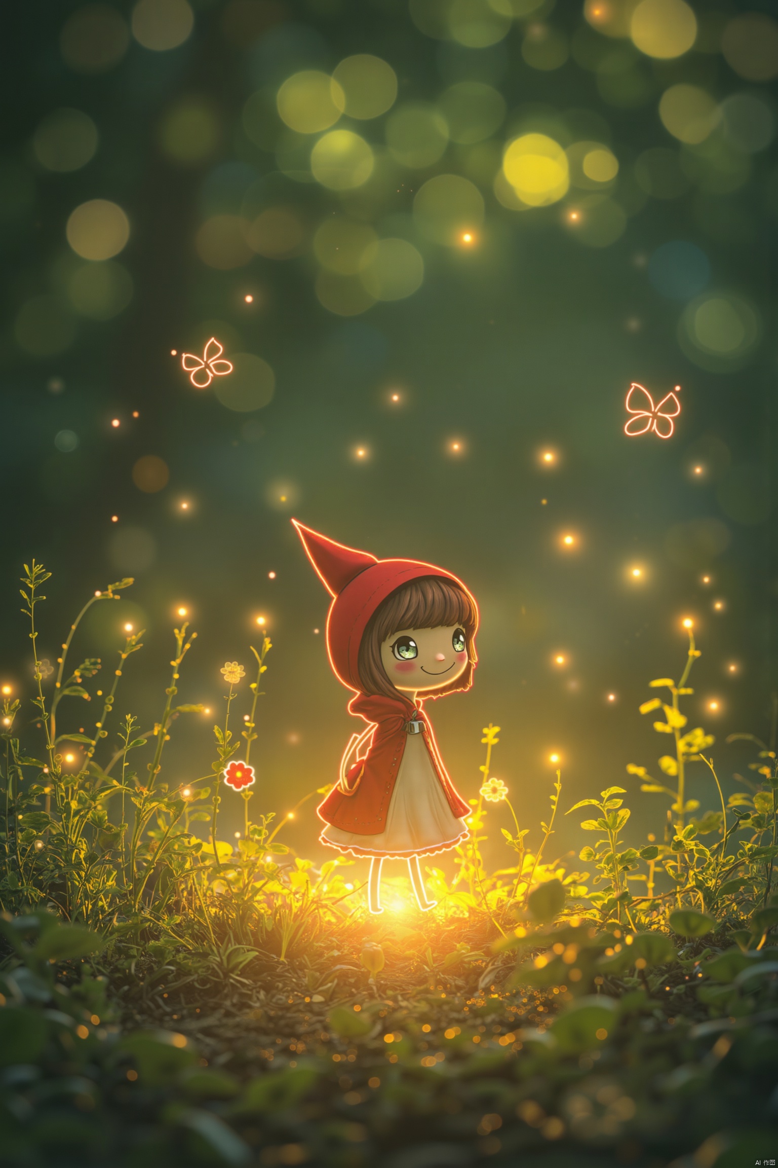 light line art, cute cartoon, fluorescent, hazy light, as if entering a fairy tale, dark warm colors, light and shadow contrast, highlights, clear outline, a little red riding hood girl in the flowers and grass, butterflies flying,Light lines