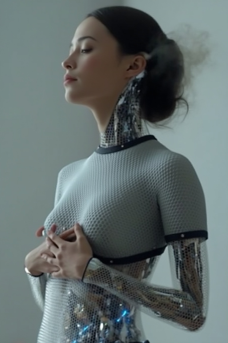 A beautiful Korean robot girl is touching her belly. Smoke is coming out of the fron of her neck,  exmachina,  ava on Tens...