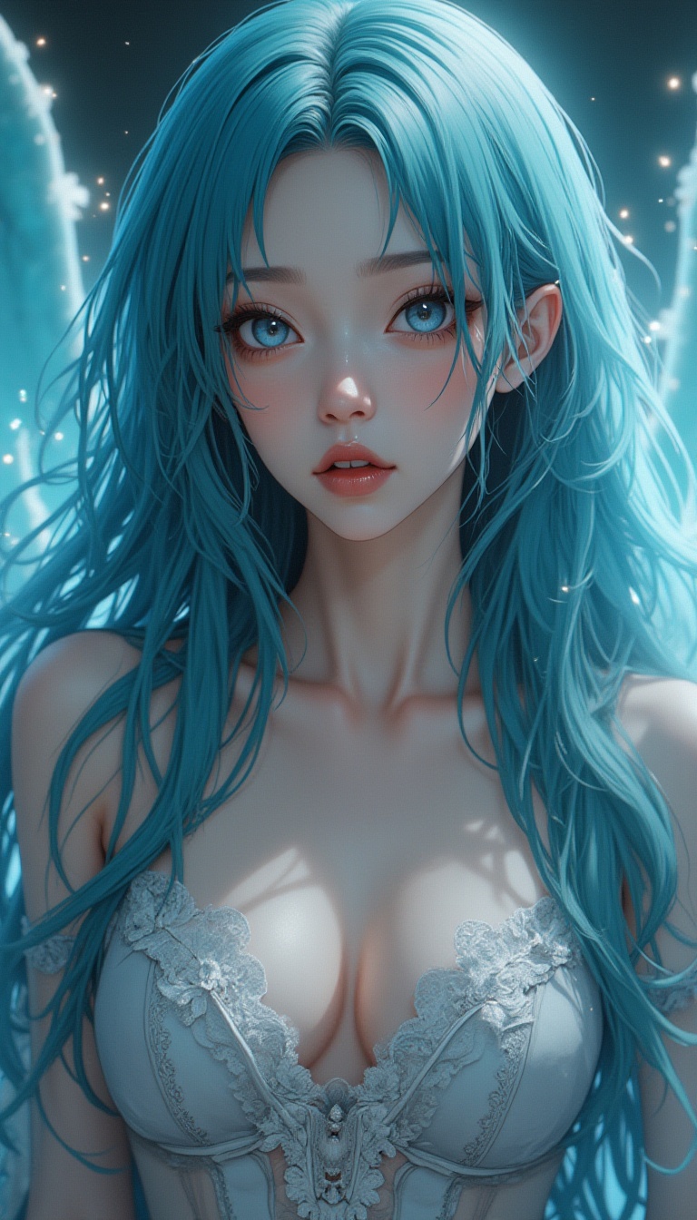 Tiffany Blue,  Flowing hair flows down her delicate shoulders,  framing a very beautiful woman as if she were part of a dr...