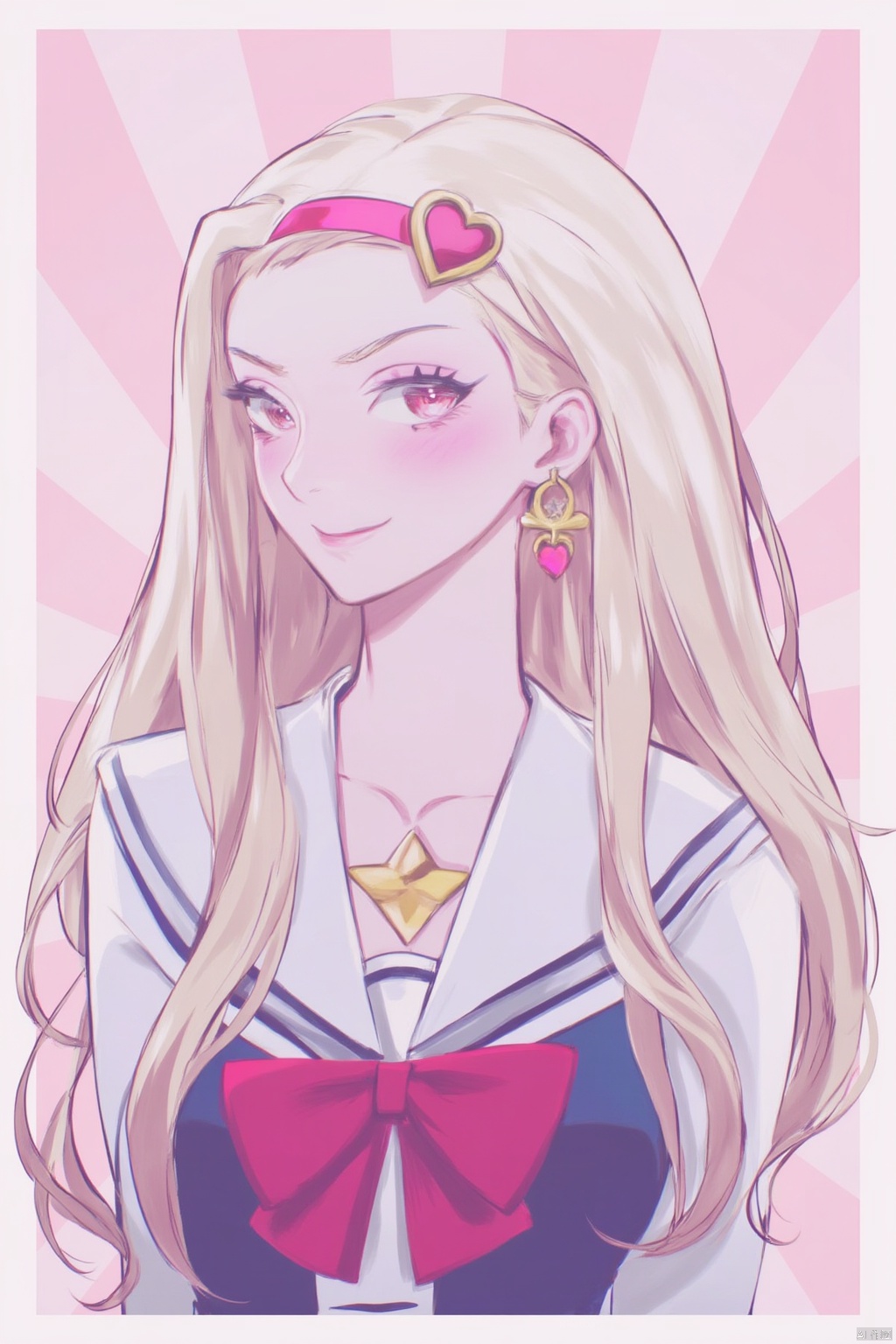 blonde hair, long hair, heart, smile, looking at viewer, red eyes, hairband, upper body, school uniform, blush, ribbon, star (symbol), long sleeves, bow, pink background, closed mouth, heart of string,Clean and refreshing style