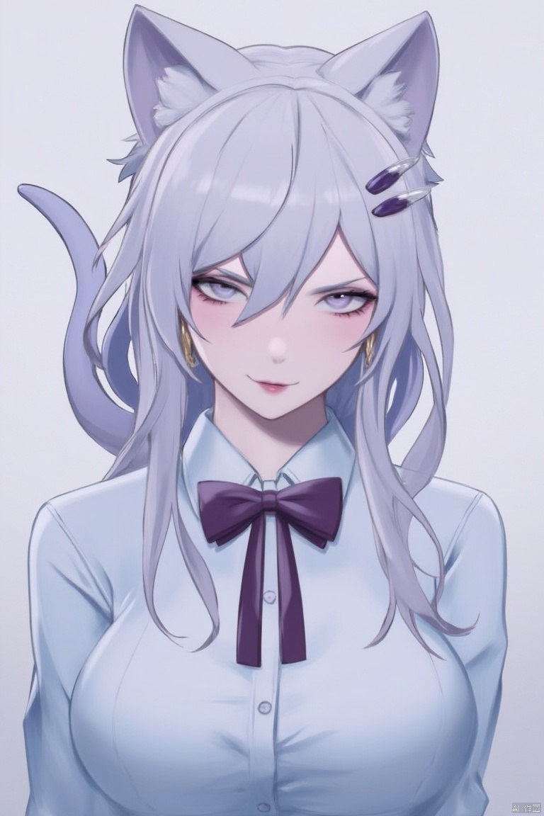 A pastel blue blouse paired with a dark violet ribbon bow around the neck. She wears elegant, light grey cat ears on her head, and there's a small, shimmering gold crescent moon embroidered on her right shoulder,Clean and refreshing style