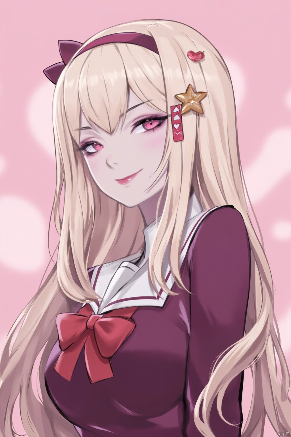 blonde hair, long hair, heart, smile, looking at viewer, red eyes, hairband, upper body, school uniform, blush, ribbon, star (symbol), long sleeves, bow, pink background, closed mouth, heart of string,Clean and refreshing style