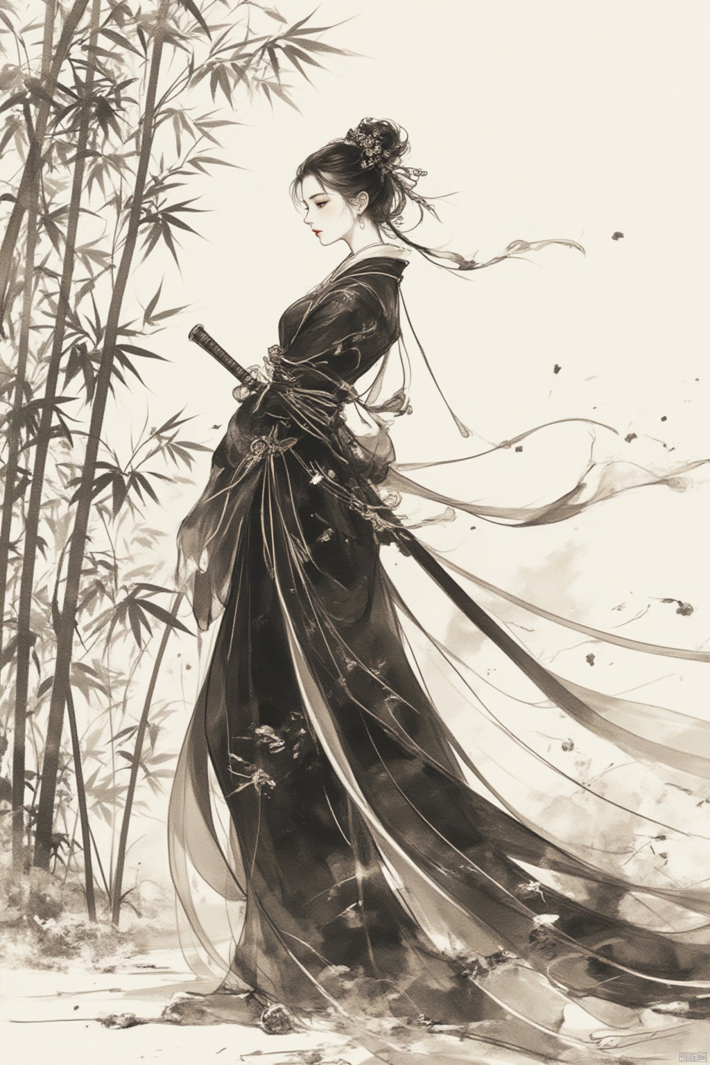 A girl, Chinese style, knight-errant, elegant long skirt, martial arts, Keywords ink bamboo, bamboo forest,with pieces of ink bamboo behind her, all taken, Ink scattering_Chinese style, Anime, yjmonochrome