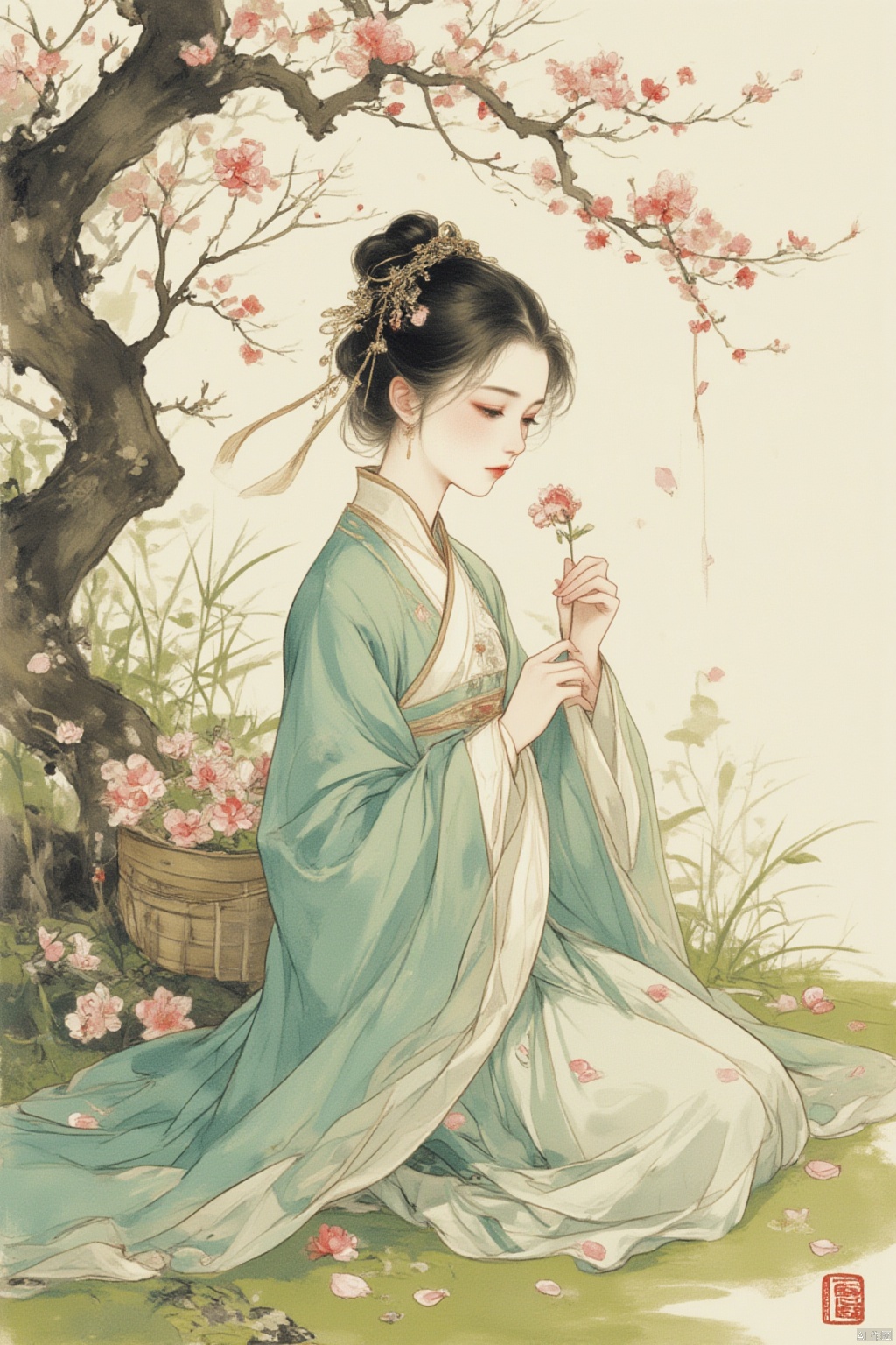 sad,tears,1girl,under the tree,burying the flower,full body,detailed face and eyes,kneeling on grass,flower basket,,trees and flowers,(petals falling),helpless, sad, hanfu, lvshui-green dress, Light master, hanfu , hair ornament , chinese clothes, traditional chinese ink painting,petals on the theground, guofeng,sad_face,(tears falling), ((poakl)),gurenyun
