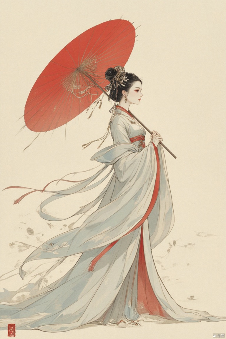 1girl, solo, black hair, hair ornament, long sleeves, dress, holding, jewelry, closed mouth, standing, full body, earrings, wide sleeves, hair bun, from side, profile, umbrella, chinese clothes, bug, tassel, holding umbrella, oil-paper umbrella, hanfu,gurenyun
