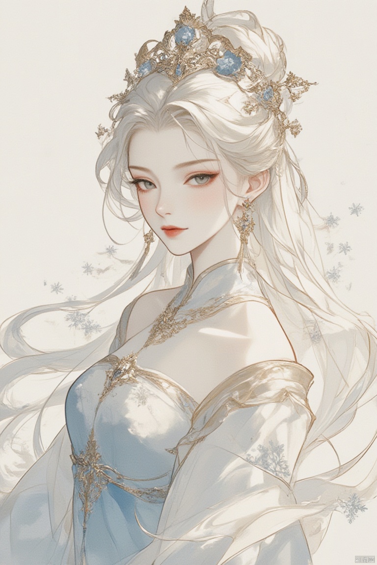1girl, solo, long hair, breasts, looking at viewer, dress, bare shoulders, jewelry, upper body, white hair, earrings, small breasts, parted lips, detached sleeves, grey eyes, tiara, crown, snowflakes,gurenyun