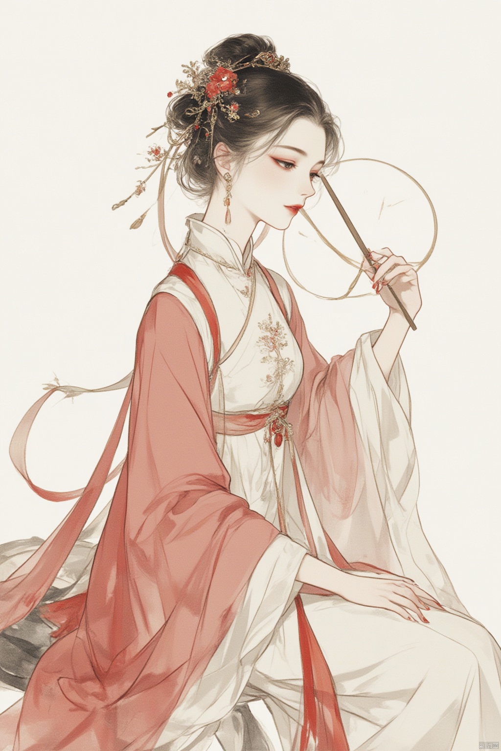 1girl, solo, long hair, black hair, hair ornament, long sleeves, white background, dress, holding, jewelry, sitting, closed mouth, flower, earrings, hand up, from side, profile, makeup, chinese clothes, hand fan, red nails, red lips, holding fan, hanfu,gurenyun