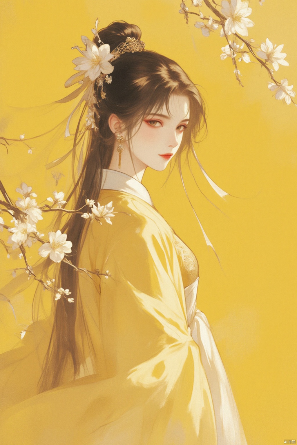 1girl, solo, long hair, looking at viewer, brown hair, black hair, hair ornament, ribbon, jewelry, closed mouth, hair ribbon, upper body, flower, earrings, hair flower, from side, chinese clothes, yellow background, branch, yellow theme,gurenyun