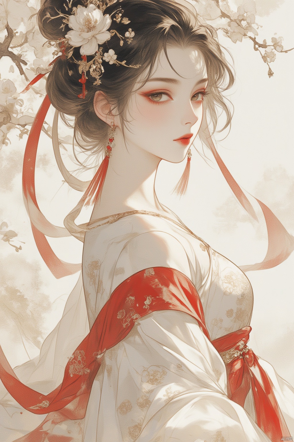 1girl, solo, breasts, looking at viewer, black hair, hair ornament, long sleeves, dress, ribbon, jewelry, closed mouth, upper body, flower, cowboy shot, earrings, hair flower, wide sleeves, hair bun, bracelet, from side, red ribbon, sash, makeup, expressionless, chinese clothes, floral print, white flower, tassel, shawl, tassel earrings, hanfu,gurenyun
