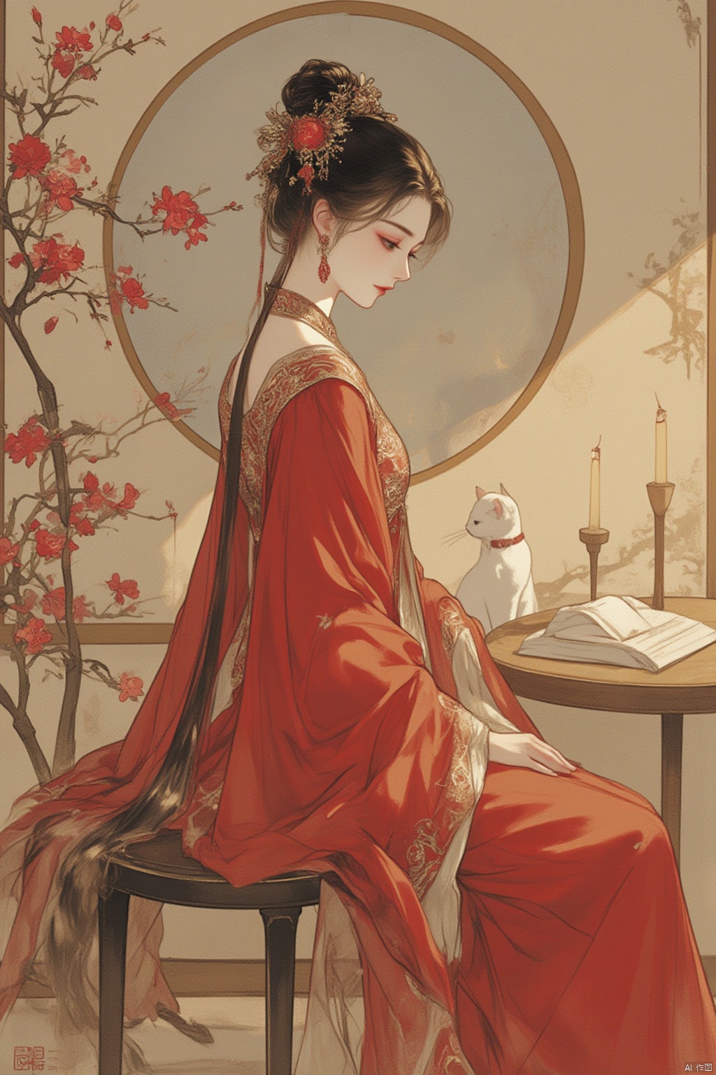 1girl,long hair,jewelry,earrings,single hair bun,(a white cat:1.4),chinese clothes,book,table,sitting,flower,circular window,window,dress,from side,hair ornament,hair bun,long sleeves,red dress,black hair,indoors,looking down,profile,brown hair,candle,light,GFGF,gurenyun