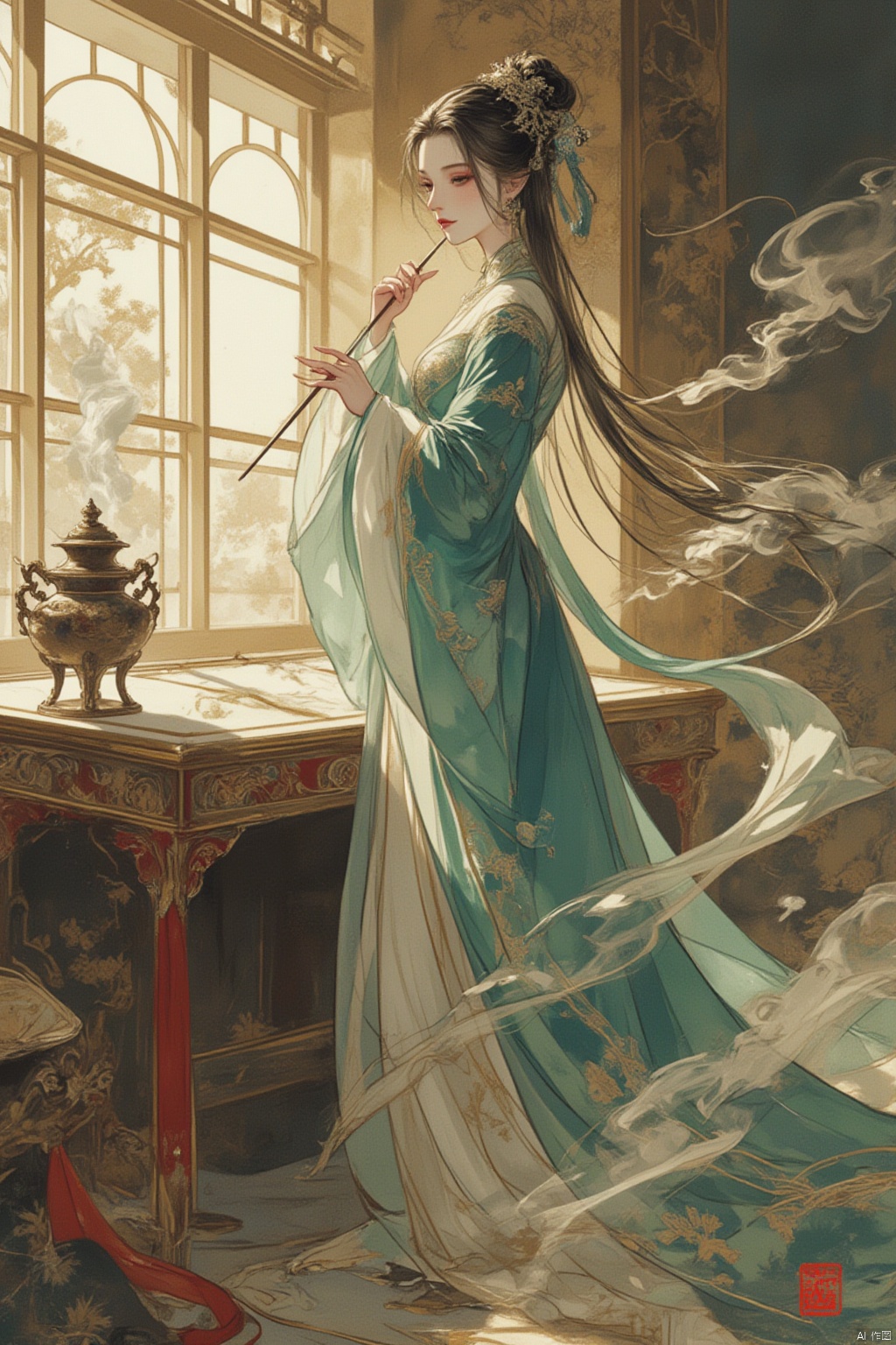 1girl, full body, standing behind a desk with a brush in her hand, thinking about an unfinished painting.  A censer on the desk is emitting white smoke.  Inside a gorgeous Chinese palace, solo, looking at the audience, long hair, Chinese embroidery princess green dress, gracefully standing behind the desk, Chinese princess, gentle and graceful,
A girl, standing in full form within an opulent interior of a Chinese palace,, and she is adorned with an exquisite green princess gown embroidered in traditional Chinese patterns, exuding both grace and refinement. On the desk beside her incomplete artwork, a censer emits wisps of white smoke, infusing the air with a serene and mystical ambiance. Despite being in the quiet solitude of the room, her gaze is directed towards an imagined audience, as if poised to begin a solo performance. This focused and elegant stance beautifully embodies the inner charm and poise of a Chinese princess.,gurenyun