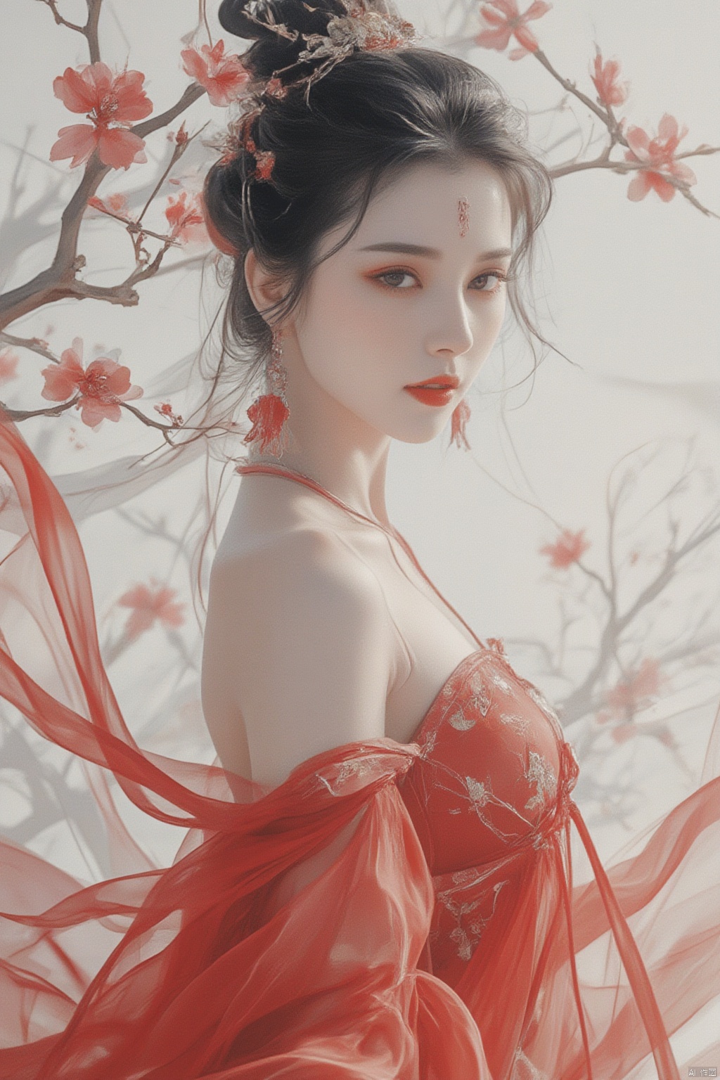 1girl, solo, branch, forehead mark, hair ornament, facial mark, upper body, flower, looking at viewer, chinese clothes, bare shoulders, jewelry, red lips, black hair, dress, red dress, off shoulder, from side, makeup, earrings, hanfu, grey eyes, hair bun, hair flower, long sleeves
