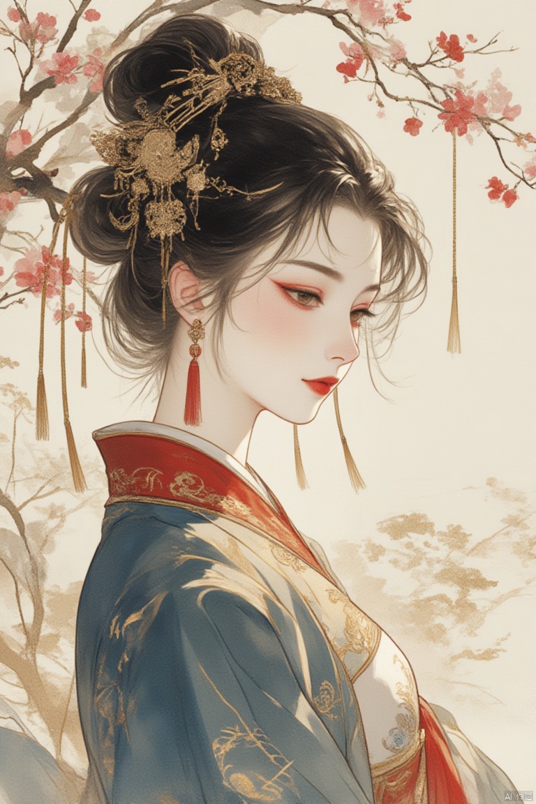 1girl, solo, black hair, hair ornament, long sleeves, brown eyes, jewelry, closed mouth, upper body, earrings, from side, makeup, chinese clothes, looking down, tassel, red lips, tassel earrings, hanfu,gurenyun