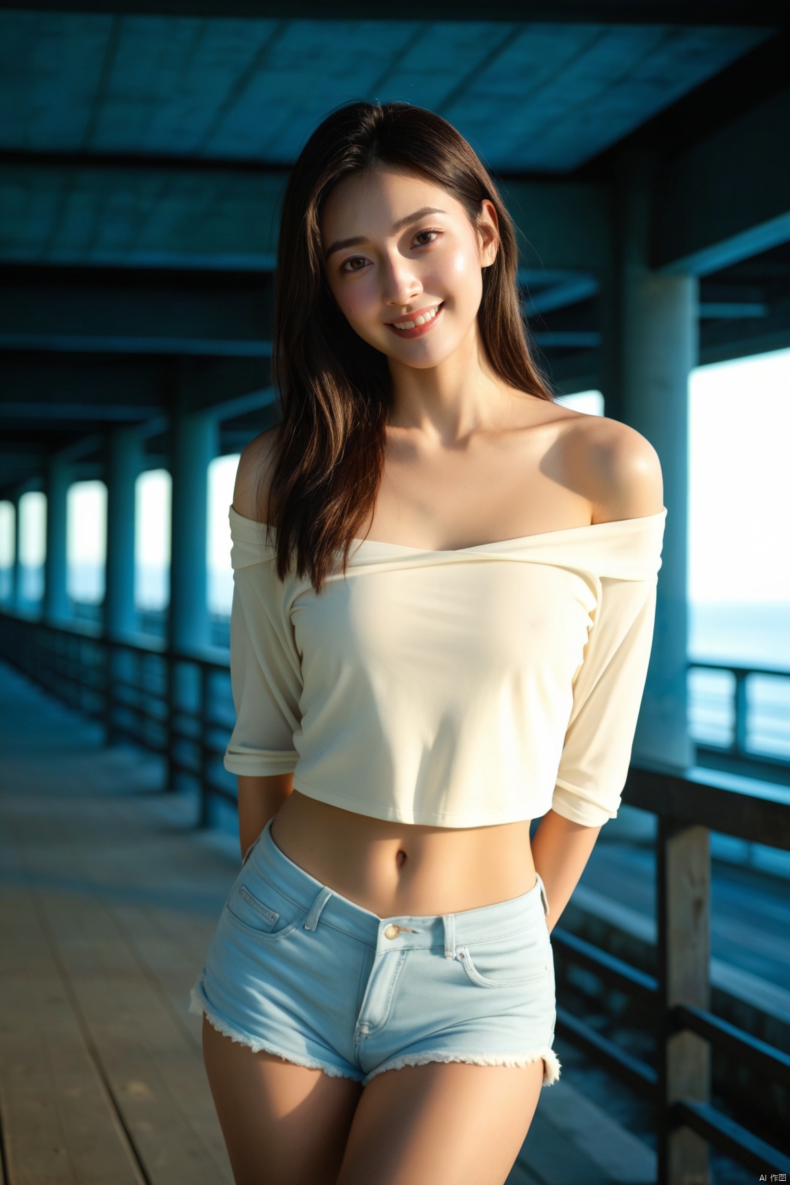 score_9, score_8_up, score_7_up, (masterpiece), (photorealistic), 1 Asian girl, looking at viewer, Double Exposure Style, Volumetric Lighting, a girl with Wrap top, navel, (arms_behind_back:1.2), bust, portrait, mid_shot, smile, groin,  (arge erect nipples poking:0.4), (One breast is exposed outside:0.3), Oversized off shoulder sweaterthat reads, light depth, Under the bridge, dramatic atmospheric lighting, Volumetric Lighting, facial focal point, between legs, IMG_0001.HEIC, highly detailed, film grain, Rim Lighting, short shorts, score_9, score_8_up, score_7_up, 
