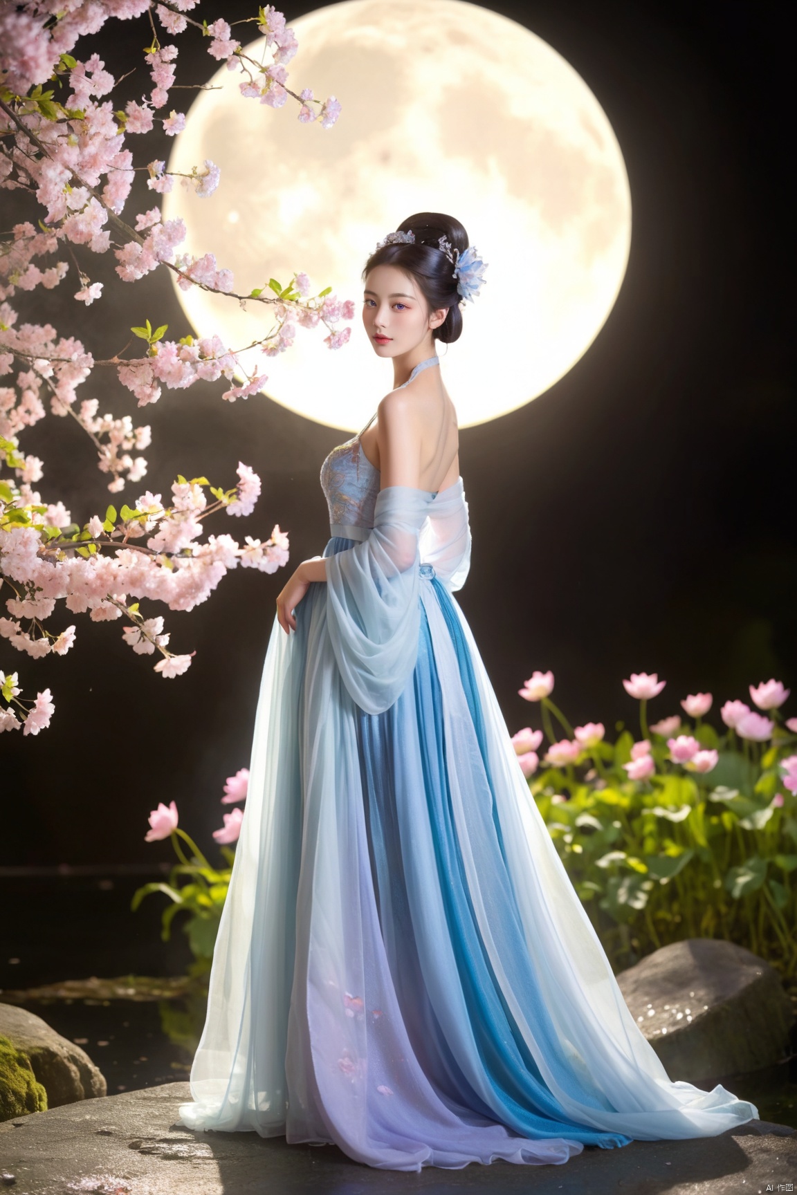 realism, score_9, score_8_up, score_7_up, score_6, this image depicts a surreal and enchanting scene with ethereal lotus flowers in various shades of blue and purple, symbolizing purity and enlightenment. A little girl draped in a flowing gown of feathers and fabric resembling plumage stands amidst the blossoms, suggesting a connection with nature. The setting is further embellished with mist and a full moon, evoking a mystical and tranquil atmosphere. The use of light and shadow adds depth, highlighting the intricate details and textures within the composition, 